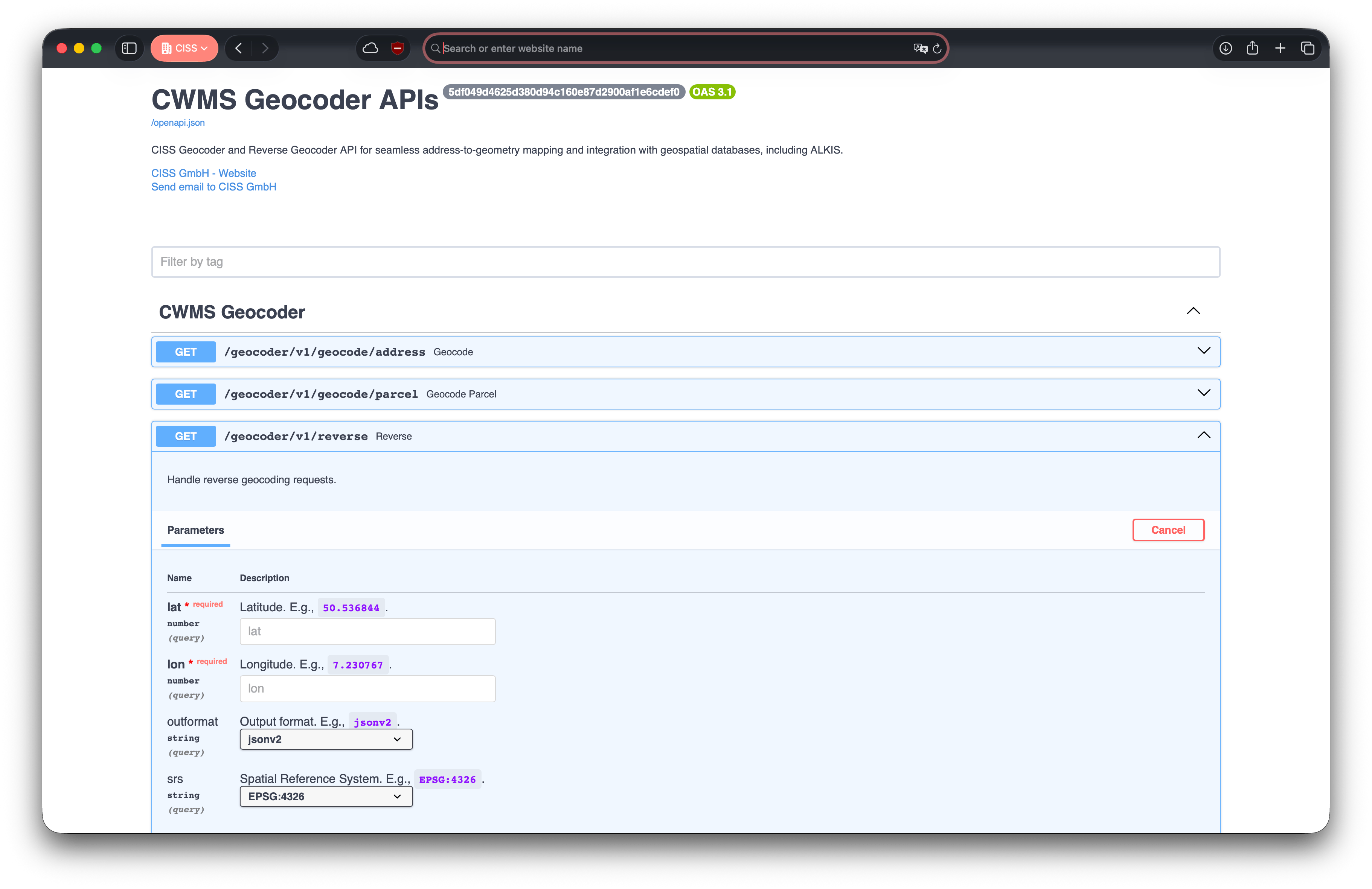 CWMS Geocoder OpenAPI Screenshot